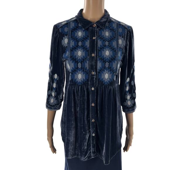 Johnny Was Blue Nomi Velvet Smock Button Down Shirt - Picture 5 of 11